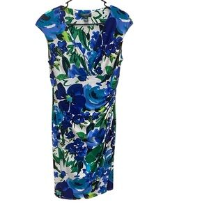 Lauren Ralph Lauren Blue & Green Floral Faux Wrap‎ Empire Waist A Line Dress 12